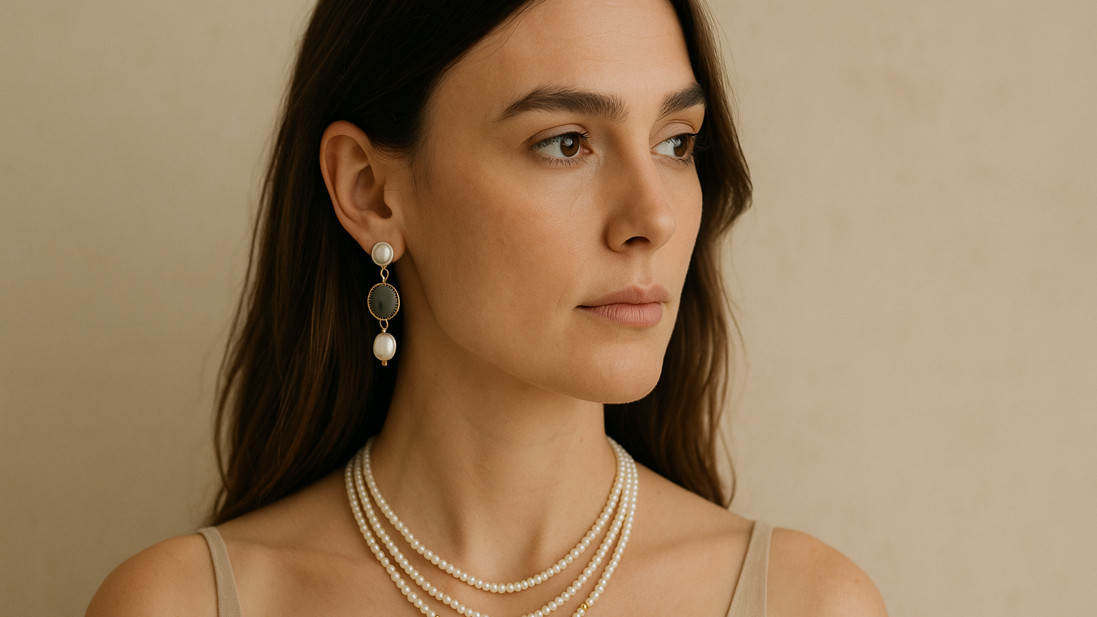 Woman wearing pearl earrings and a necklace against a beige background