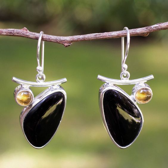 Vintage Dark Stone Silver Earrings