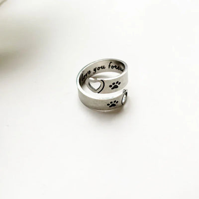 Adjustable Paw & Heart Ring with Twist Design in Silver