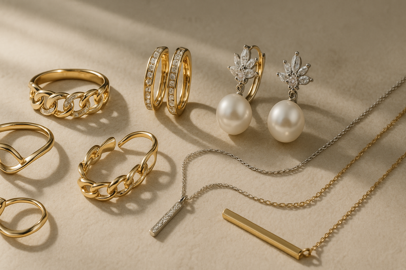 Gold and pearl jewelry including rings, earrings, and a necklace on a beige background