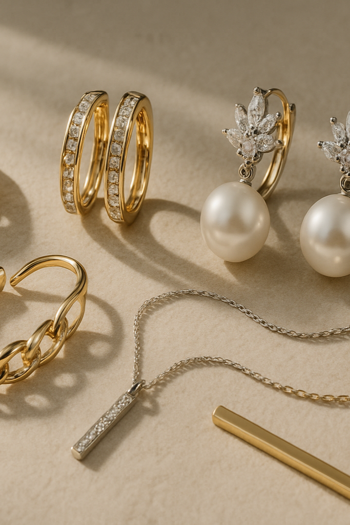 Gold and pearl jewelry including rings, earrings, and a necklace on a beige background