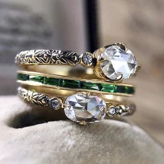 Vintage Layered Gold Green Zirconia Ring Set