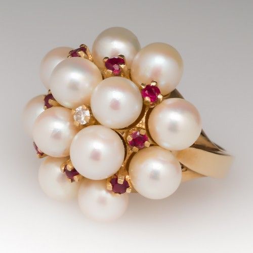 Vintage Inlaid Pearl Red Zirconia Ring