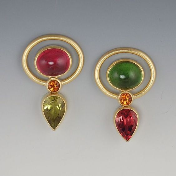 Vintage Red & Green Stone Gold Earrings