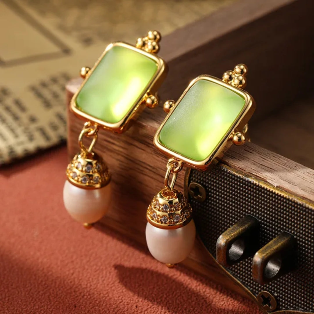 Vintage Green & Pearl Stone Earrings