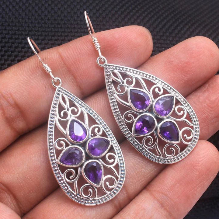 Vintage Purple Drop Glass Mandala Earrings