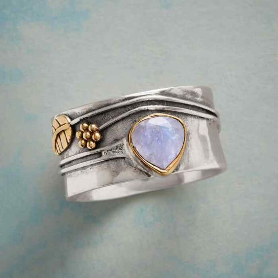 Vintage Moonstone Silver Gold Leaf Ring