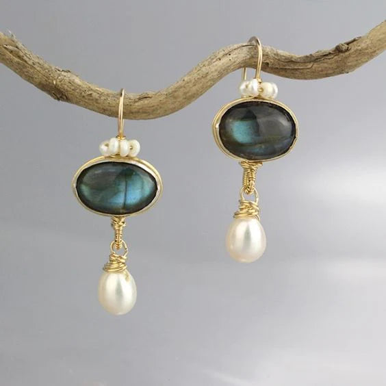 Vintage Blue & Pearl Gold Earrings