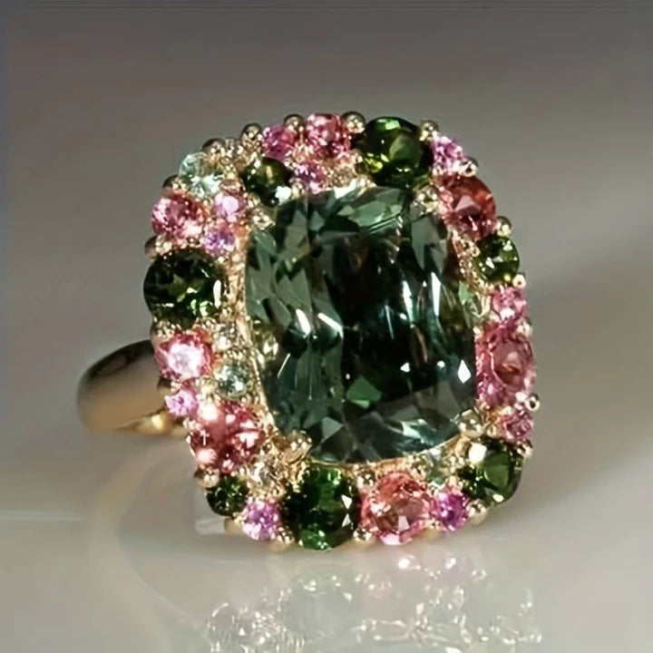 Vintage Green & Pink Crystal Ring