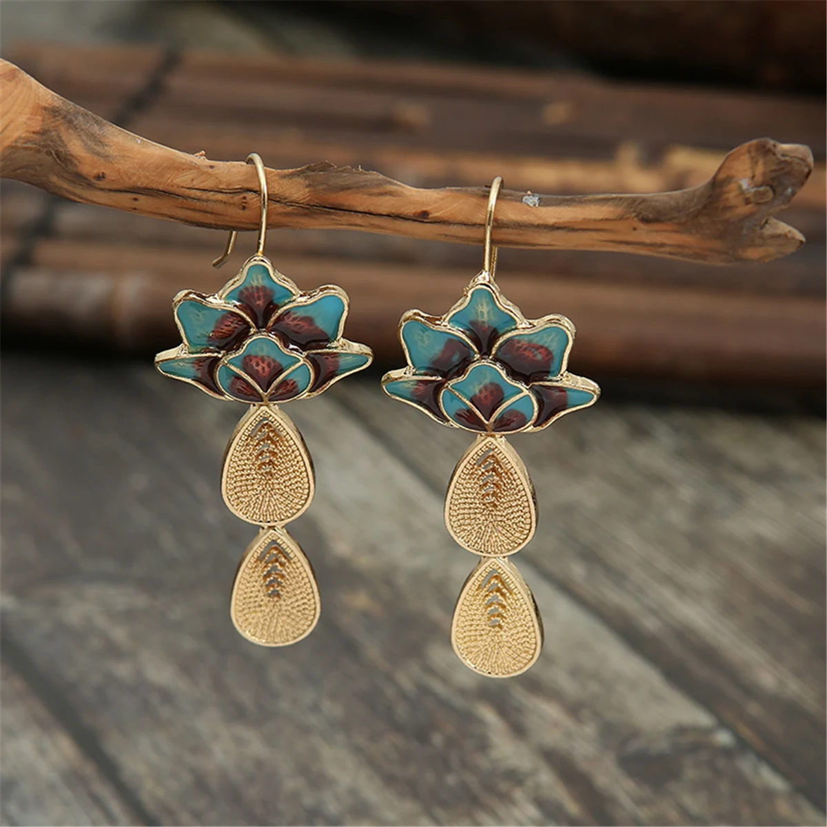 Vintage Blue Golden Lotus Earrings