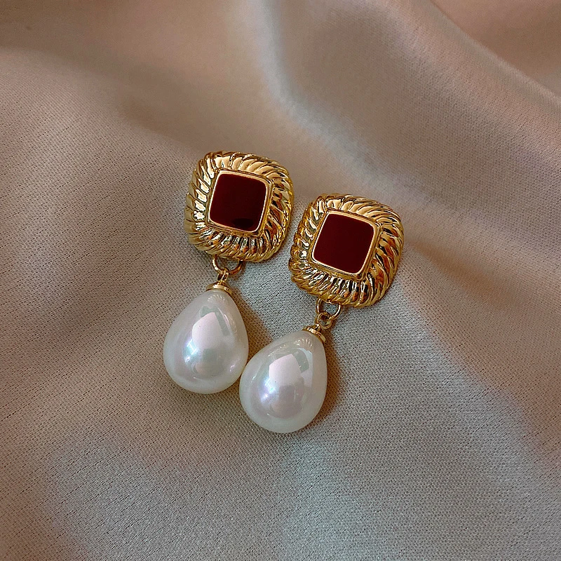 Elegant Golden Red & Pearl Earrings