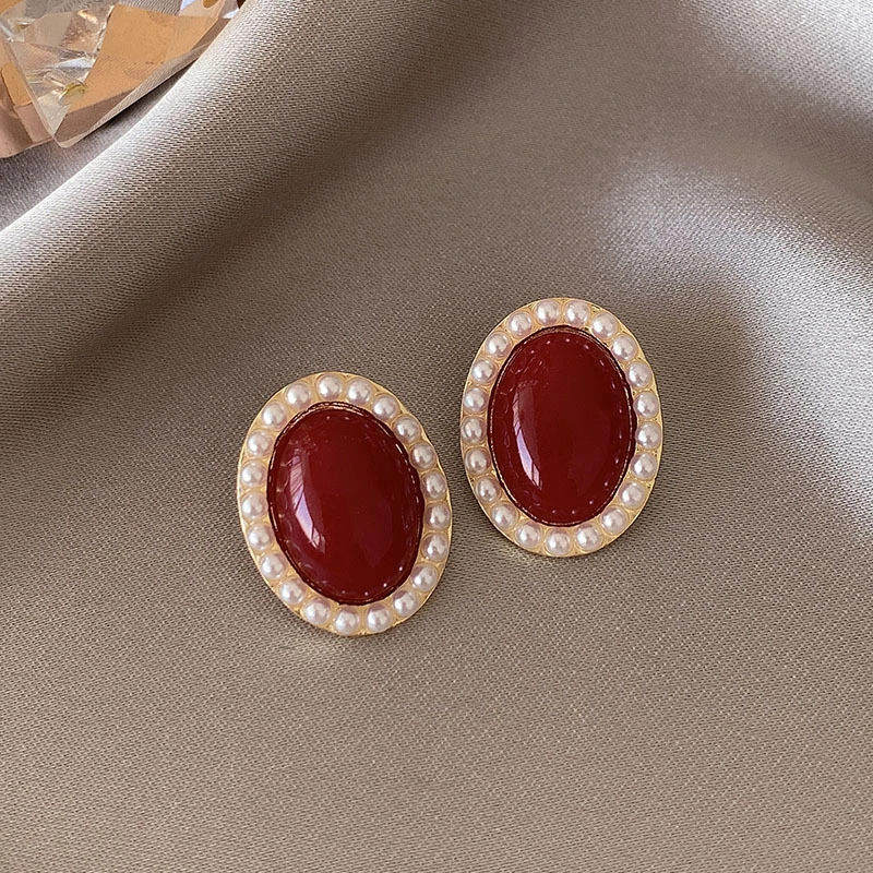 Elegant Gold & Red Oval Earrings