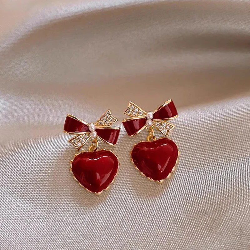 Elegant Red Heart Bow Earrings