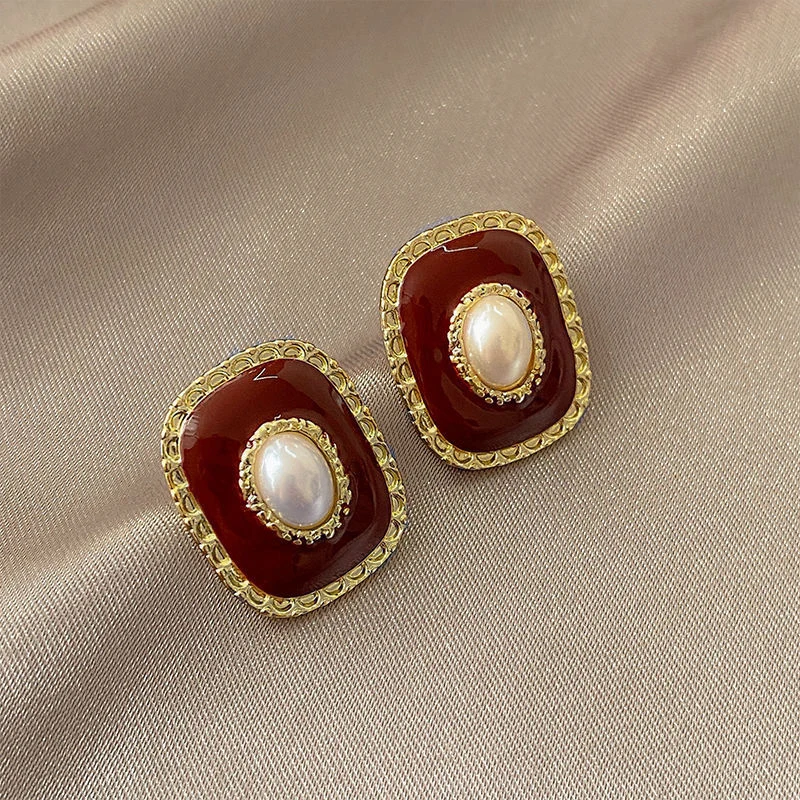 Elegant Red & Gold Inlaid Pearl Earrings