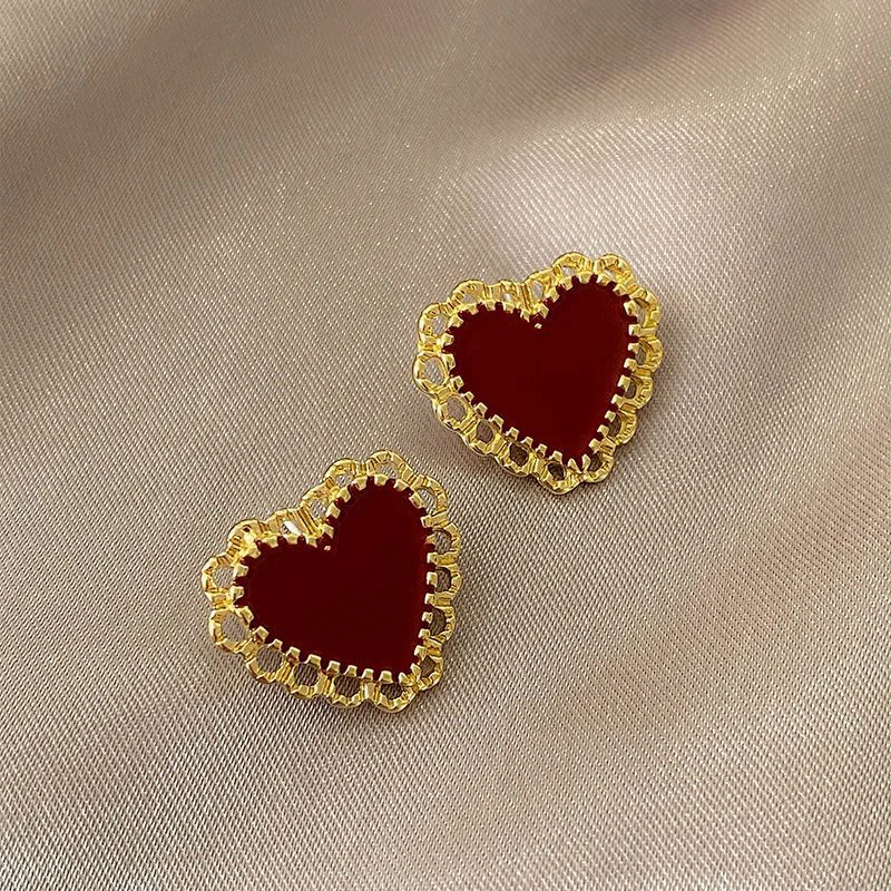 Elegant Red Heart Golden Earrings