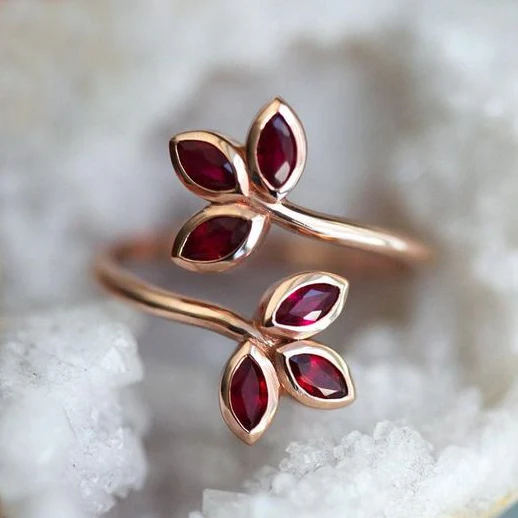 Vintage Red Crystal Leaf Rose Gold Ring