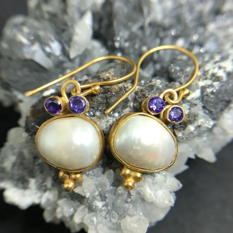 Vintage White Stone Golden Purple Zirconia Earrings