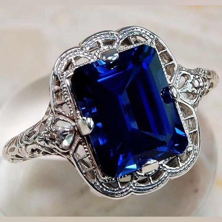 Vintage Inlaid Blue Glass Silver Ring