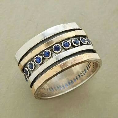 Vintage Inlaid Blue Stones Gold & Silver Ring