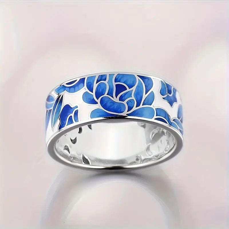 Vintage Silver Blue Enamel Flower Ring