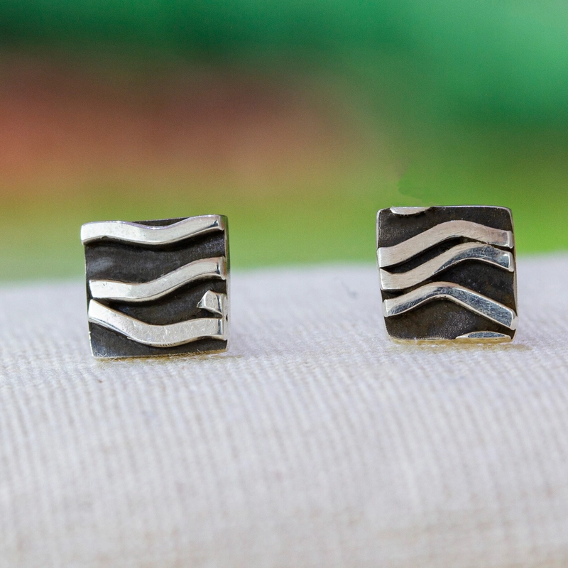 Vintage Silver Wavy Square Earrings