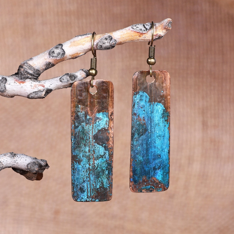 Vintage Blue & Bronze Rectangular Earrings