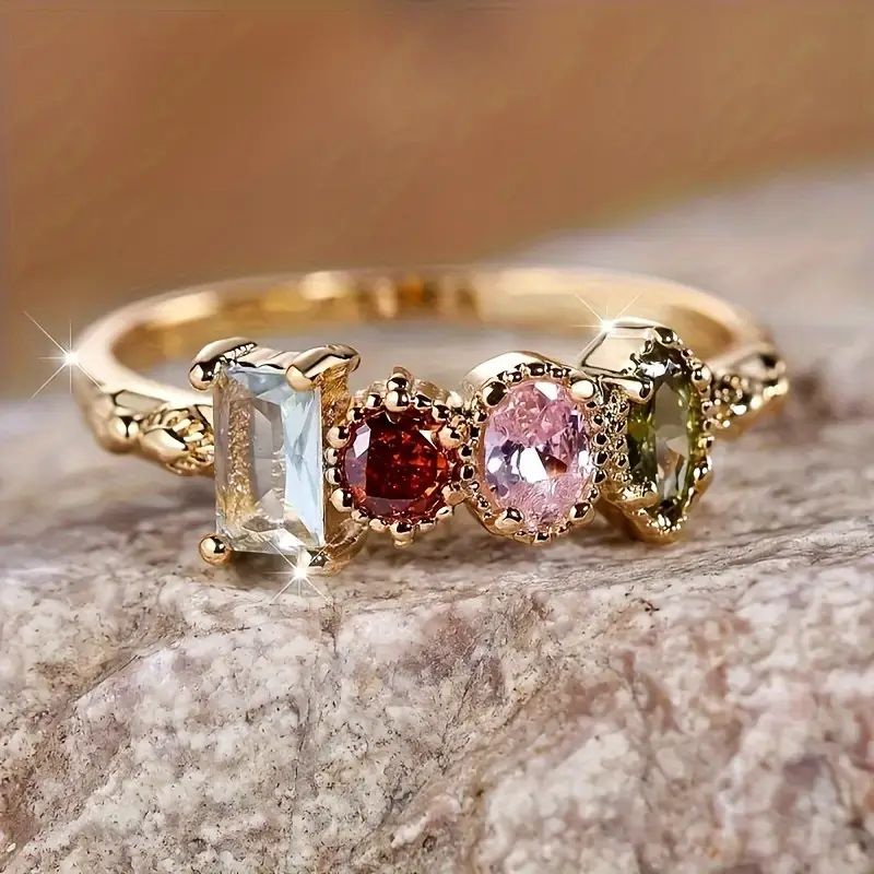 Vintage Colorful Crystals Gold Ring