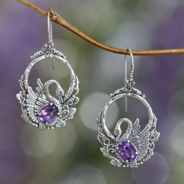 Vintage Silver Swan Purple Crystal Earrings