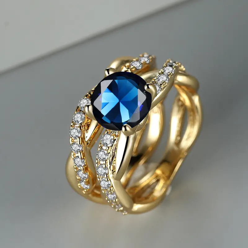 Vintage Layered Blue Zirconia Golden Ring