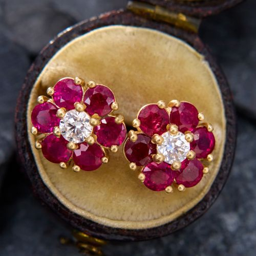 Vintage Red Crystal Flower Earrings