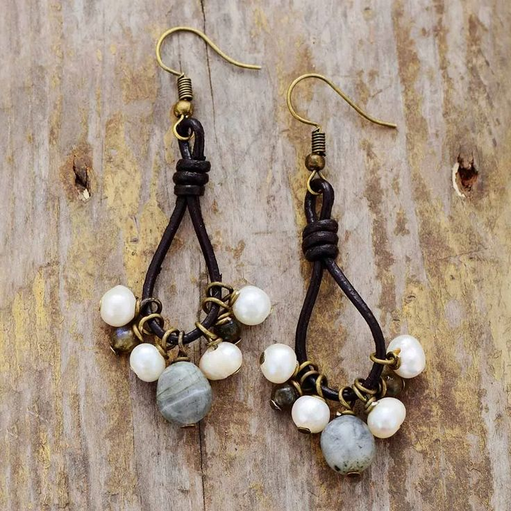 Vintage Dangling Leather & Stones Earrings