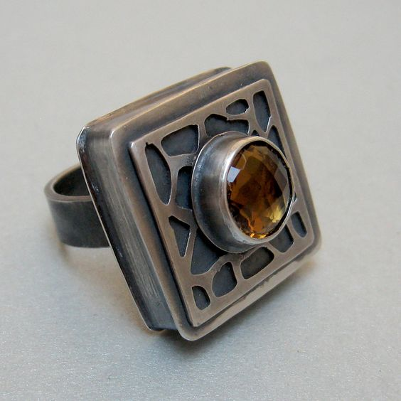 Vintage Square Inlaid Orange Stone Ring