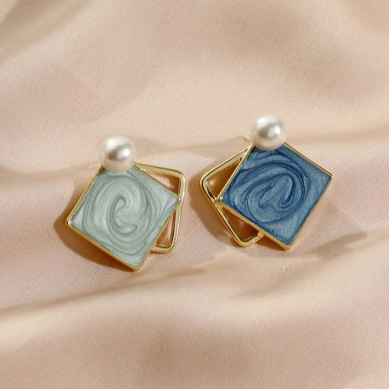 Vintage Square Enamel Blue Earrings