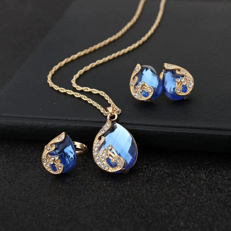 Set Necklace + Blue Crystal Drop Earrings in Gold