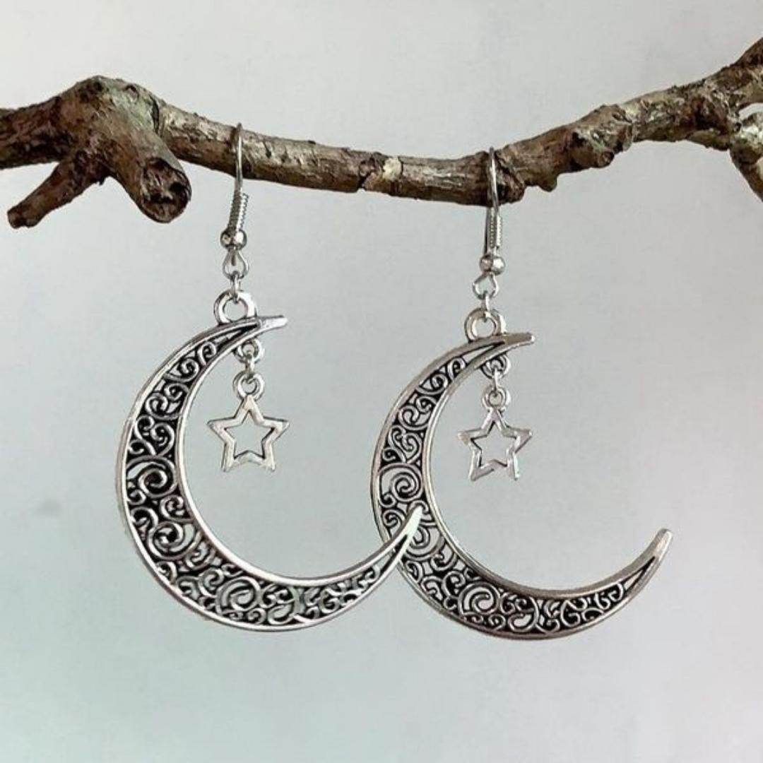 Moon and Star Earrings in Silver