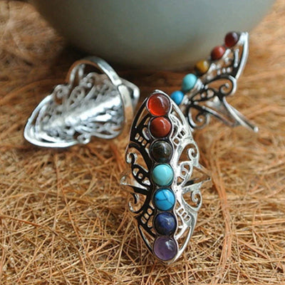 Adjustable Boho Ring with Natural Stones in Sterling Silver