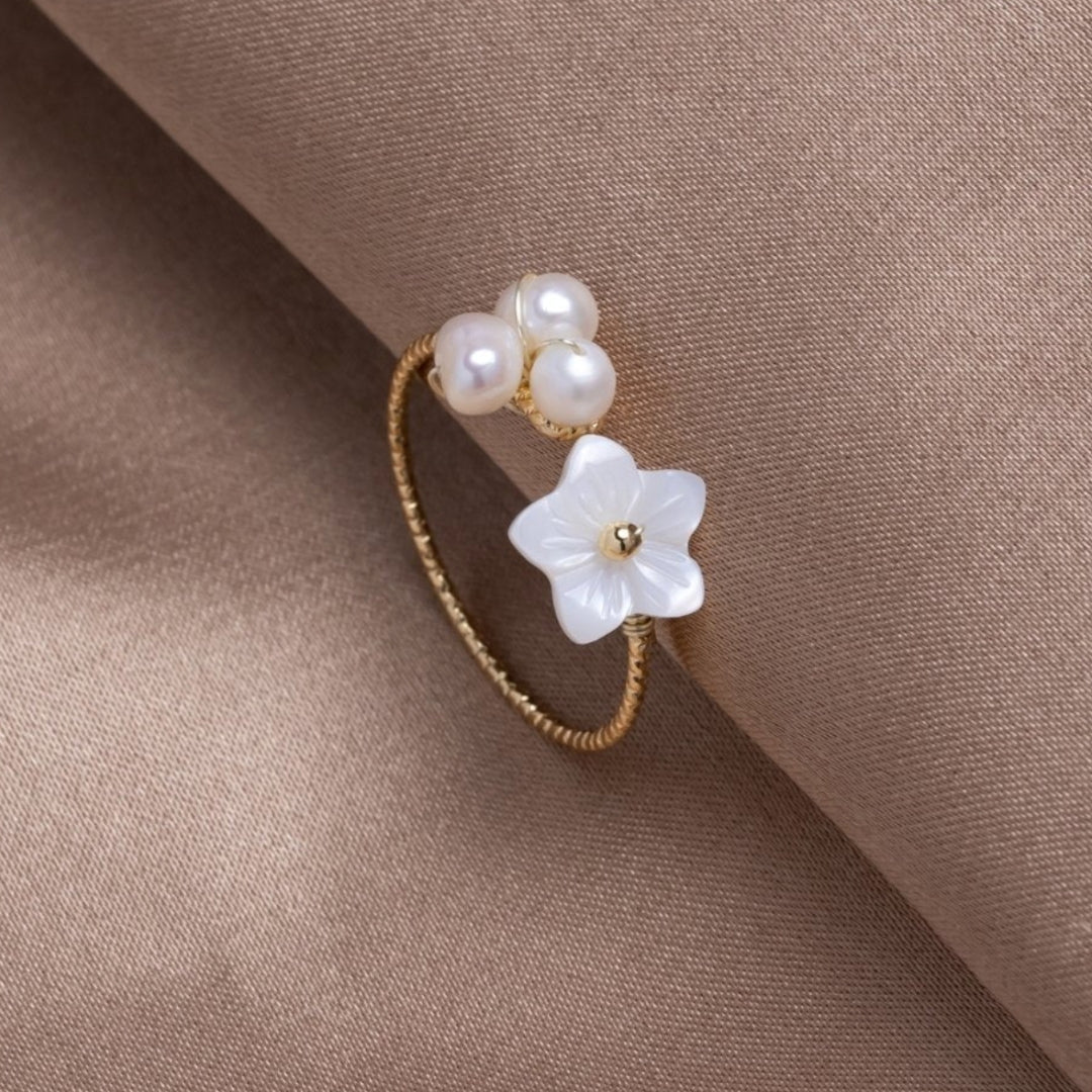 Adjustable White Petal Ring with Pearls in Gold