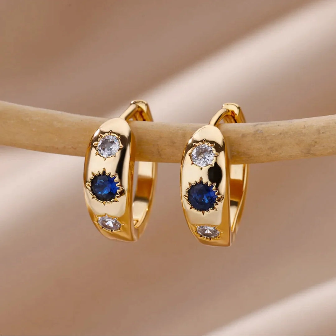 Golden Blue Crystal Inlaid Earrings