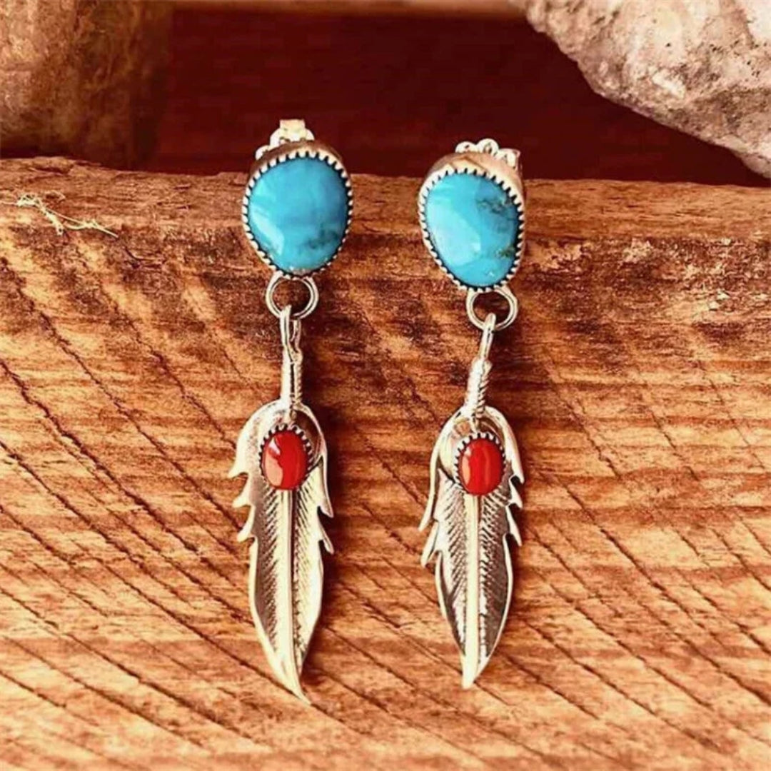 Vintage Turquoise Stone Feather Earrings