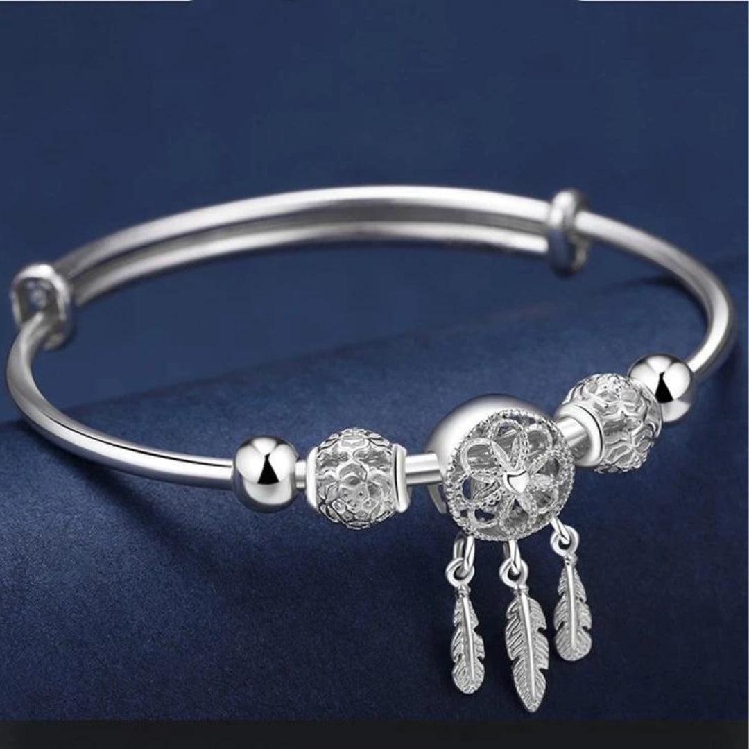 925 Sterling Silver Adjustable Bracelet with Triple Leaf Charms