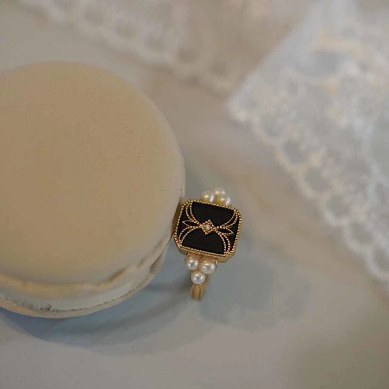 Adjustable Black Enamel Ring with Pearls in Gold