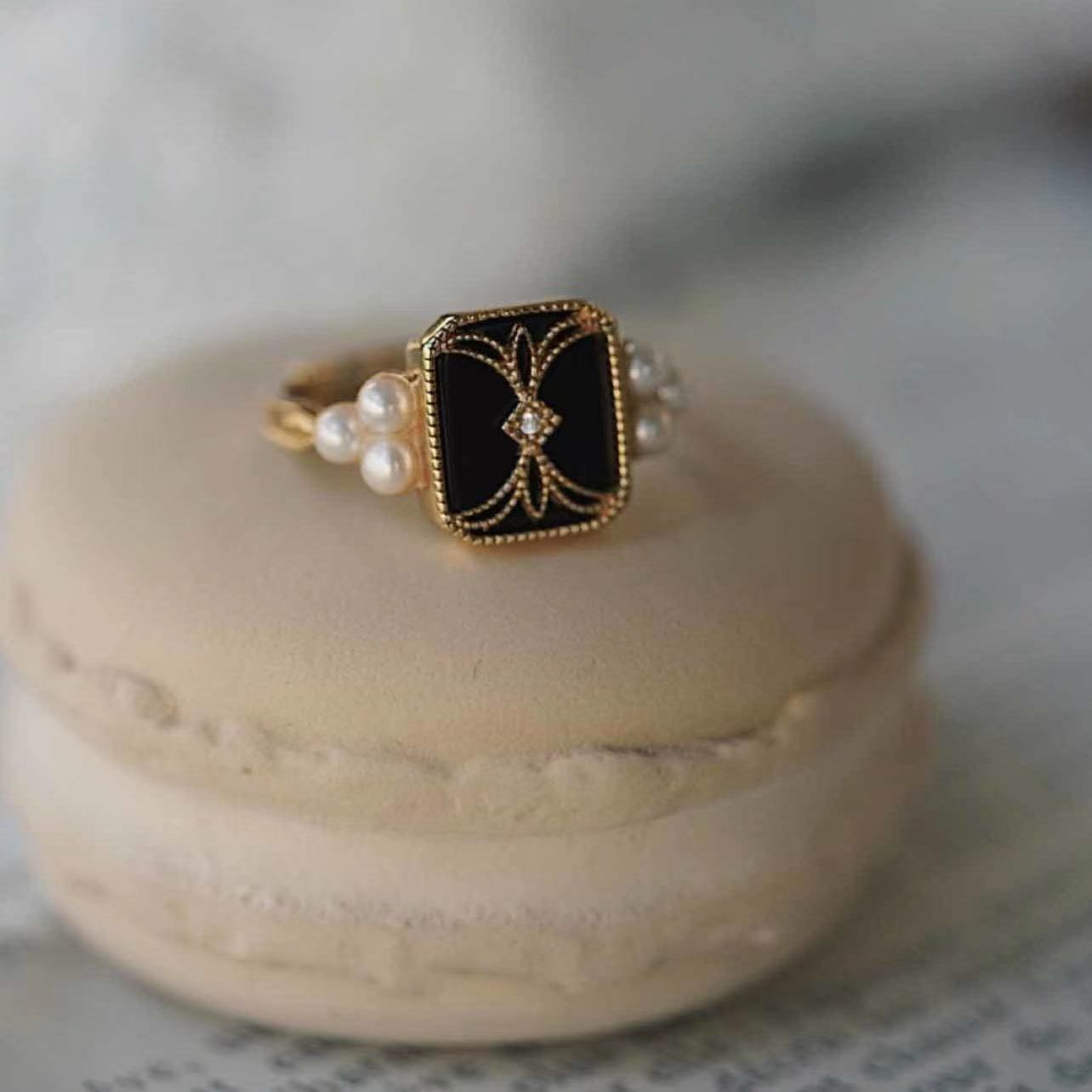 Adjustable Black Enamel Ring with Pearls in Gold