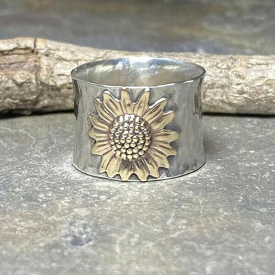 Golden Sunflower Wide Band Ring