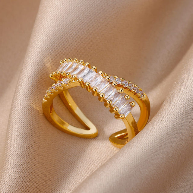 White Crossed Crystals and Gold Plated Zirconia Ring