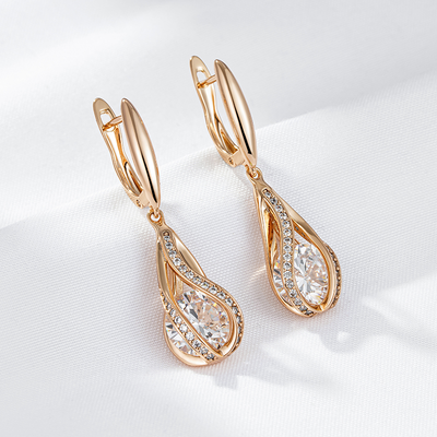 Elegant Pendant Earrings with Zirconia and Crystal in Gold