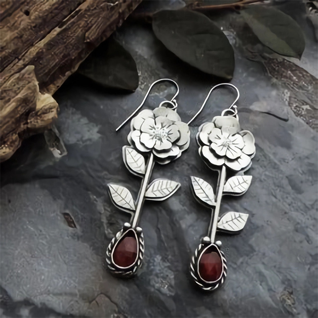 Vintage Rose Red Crystal Silver Earrings