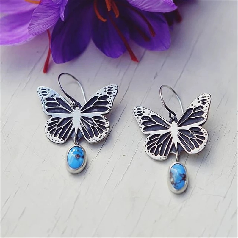 Vintage Silver Blue Stone Butterfly Earrings