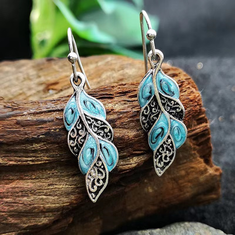 Vintage Blue Leaf Silver Earrings