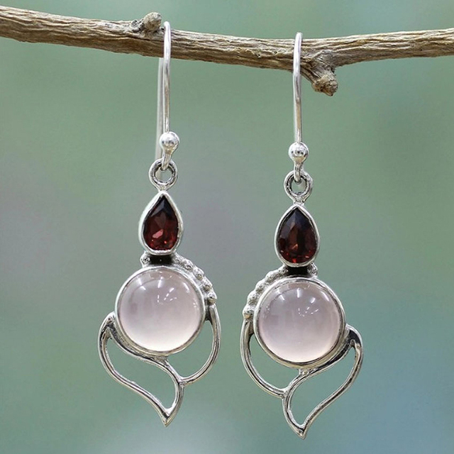 Vintage Red Crystal Moonstone Earrings