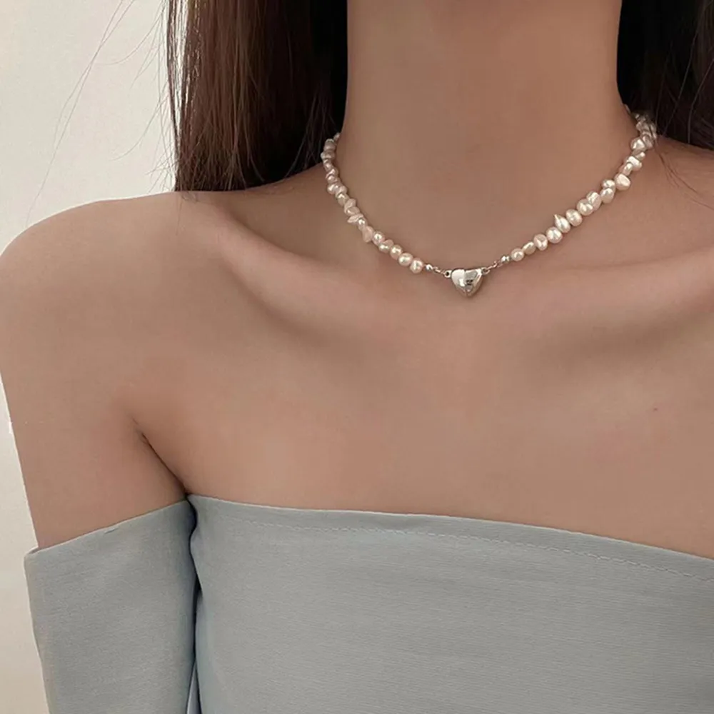 Elegant Silver Heart Pearl Necklace